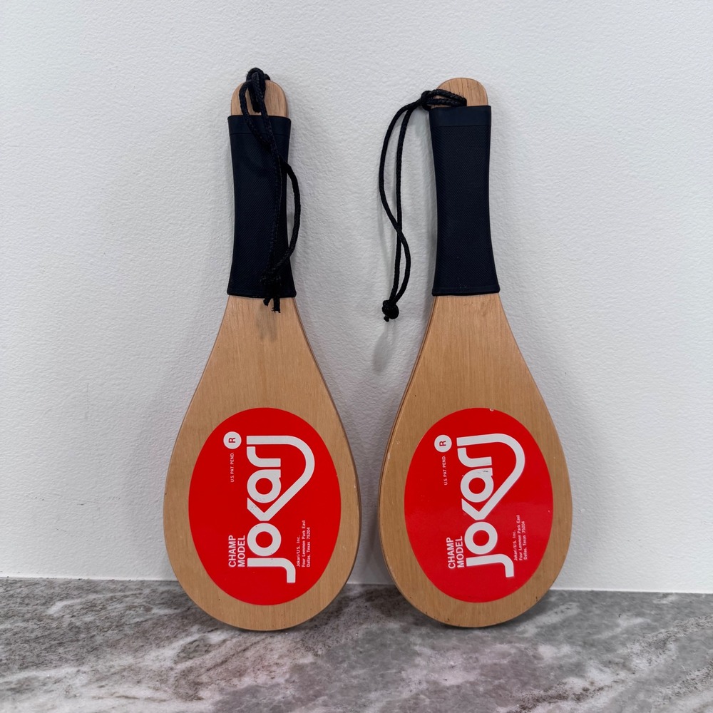 Vintage Jokari Champ Model Wooden Paddles Set of 2 Red Logo Black Grips